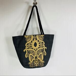Black Gold Tribal Print Woven Grass Tote Rope